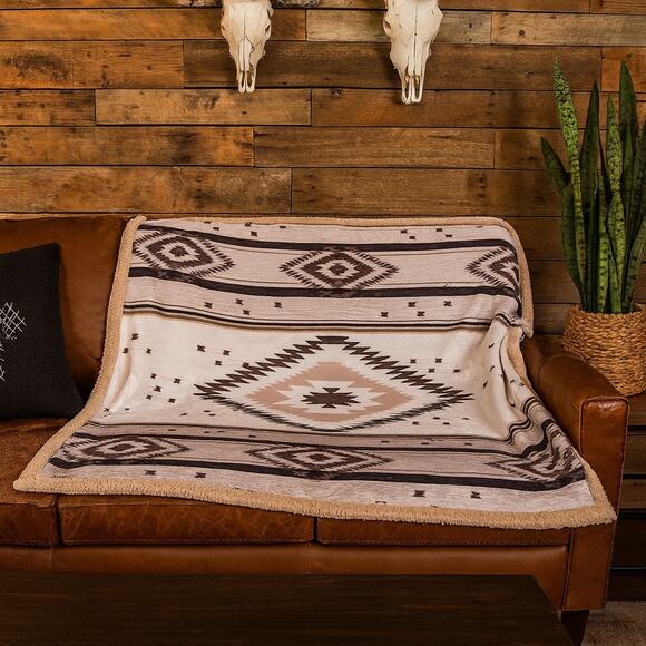 Lucky & Blessed Ivory Tan Aztec Sherpa Blanket Western Boho Rustic Cozy NEW - Picture 1 of 2